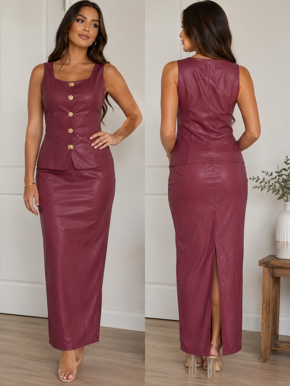 Faux Leather Burgundy Maxi Skirt Set with Buttoned Top - Picture 1 of 7